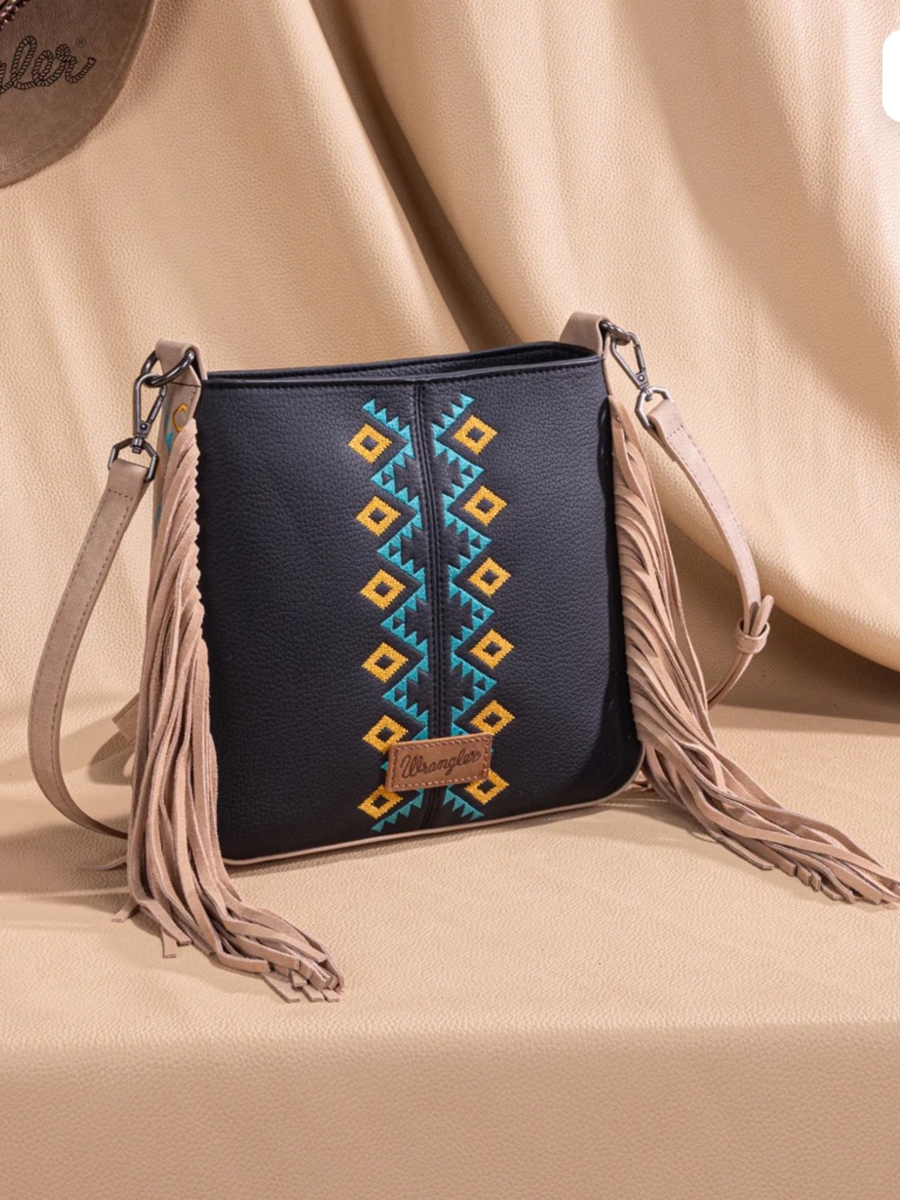 NWT- Wrangler Black Aztec Embroidered Turquoise and Yellow Fringe Crossbody Bag